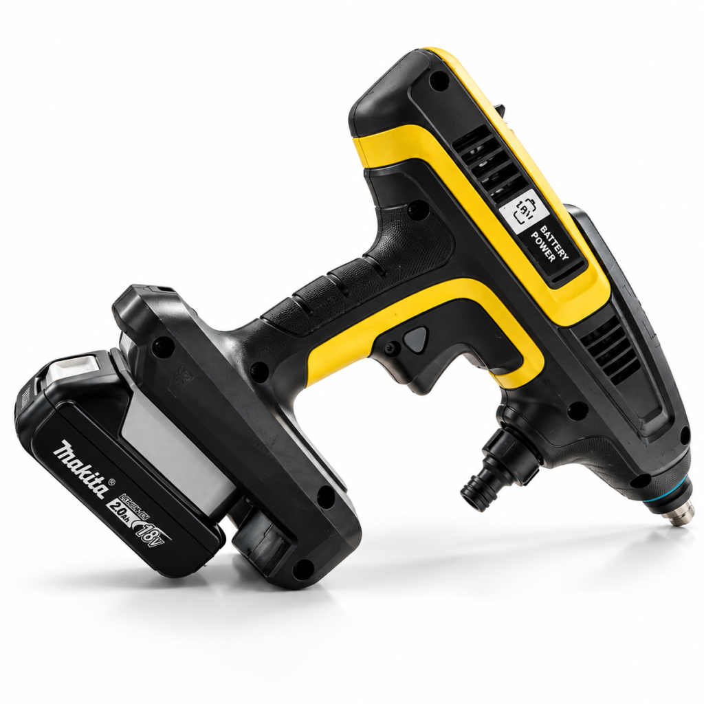 Kärcher 18V cordless pressure washer gun running on a Makita battery through the adapter