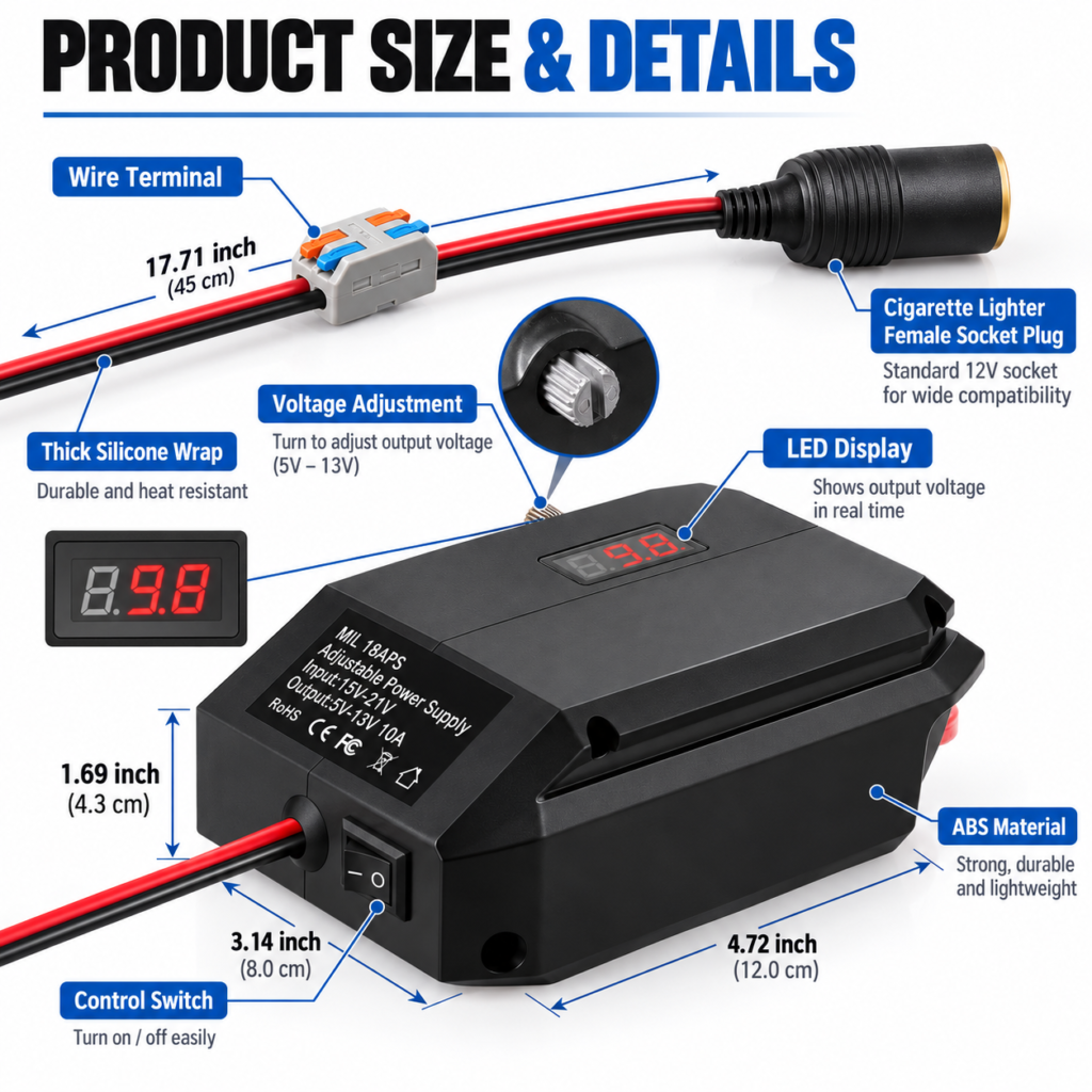 Cordless Battery Adjustable Power Supply 5V–13V | 10A | Makita, Milwaukee, DeWalt & More – photo 2