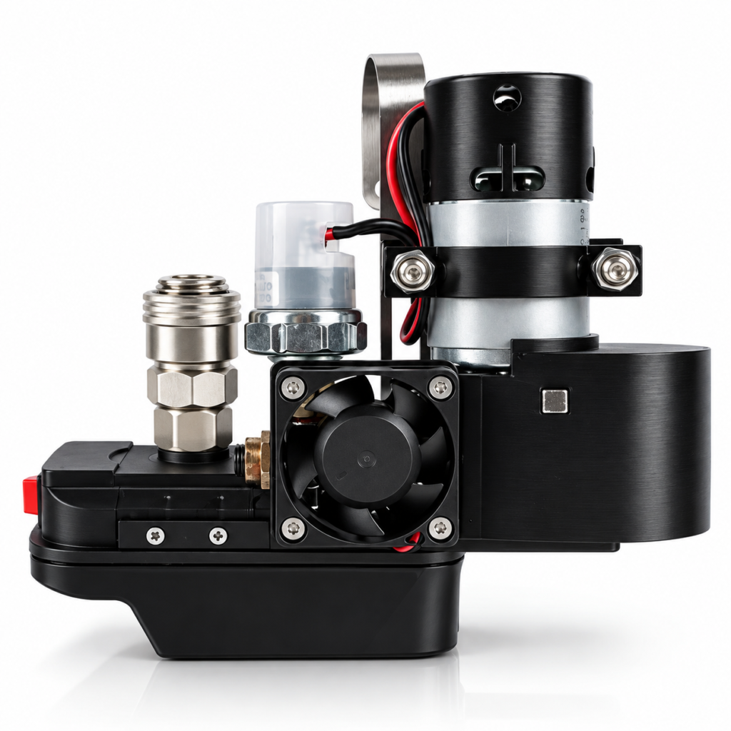 Cordless mini compressor for nail guns, side view with quick-connect coupler, cooling fan and motor