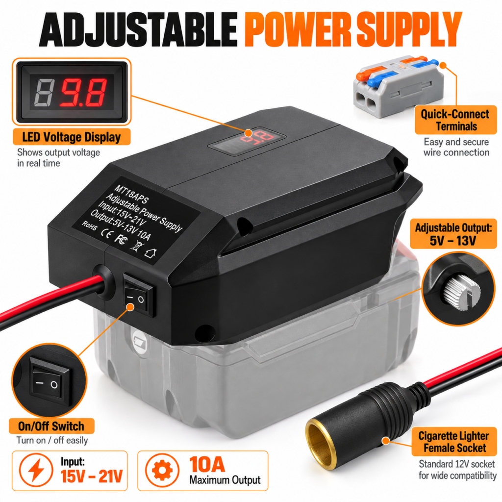 Cordless Battery Adjustable Power Supply 5V–13V | 10A | Makita, Milwaukee, DeWalt & More – photo 4