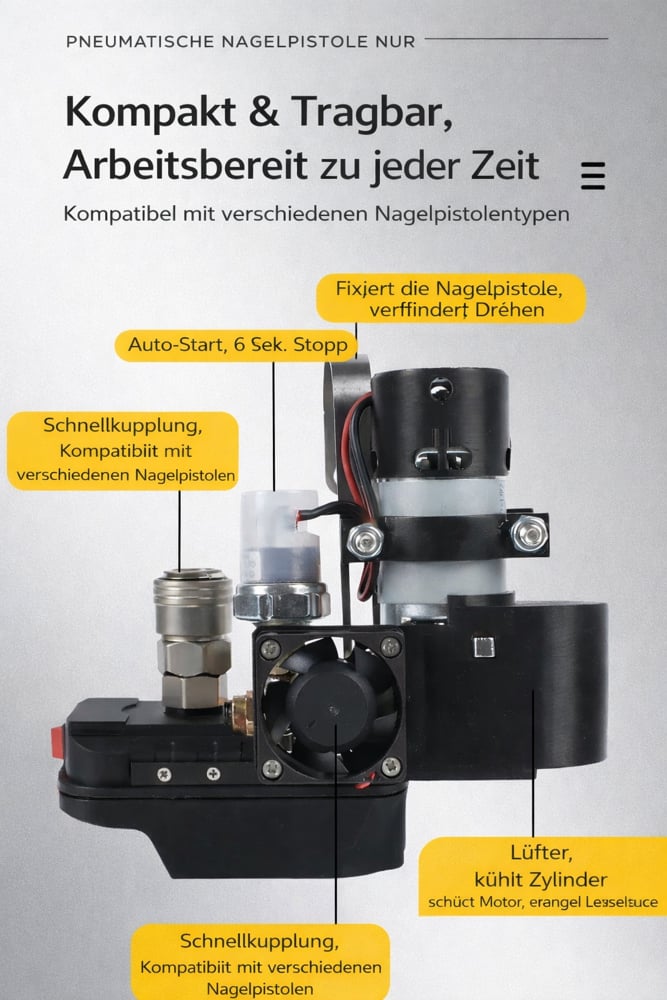 Mini compressor feature diagram in German: quick coupler, auto start and stop, nail gun bracket, fan