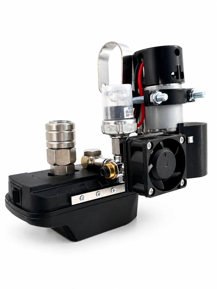 Cordless mini compressor with nail gun bracket, pressure switch and quick-connect coupler